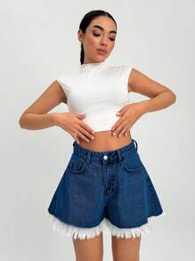 SHEIN Cottnline WOMEN RAW HEM DENIM MINI SHORTS BLUE - Royal Blue - View 3