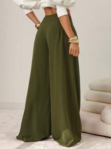 Vixey Fashionable Commuter Minimalist Solid Color Wide Leg Pants, Business Casual Woman, Office - Army Green - View 3