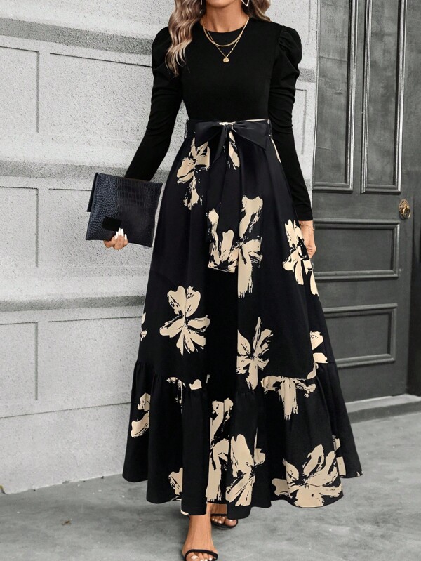 EMERY ROSE Women's Elegant Floral Print Puff Sleeve Tie Waist Dress, Spring/Autumn Clothes For University Fall Cloth For Women