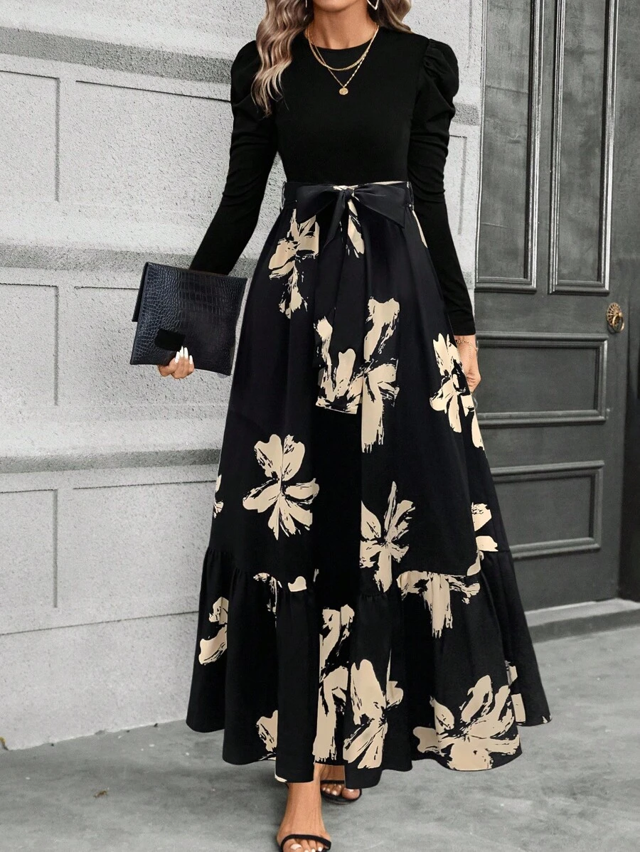 EMERY ROSE Women's Elegant Floral Print Puff Sleeve Tie Waist Dress, Spring/Autumn Clothes For University Fall Cloth For Women