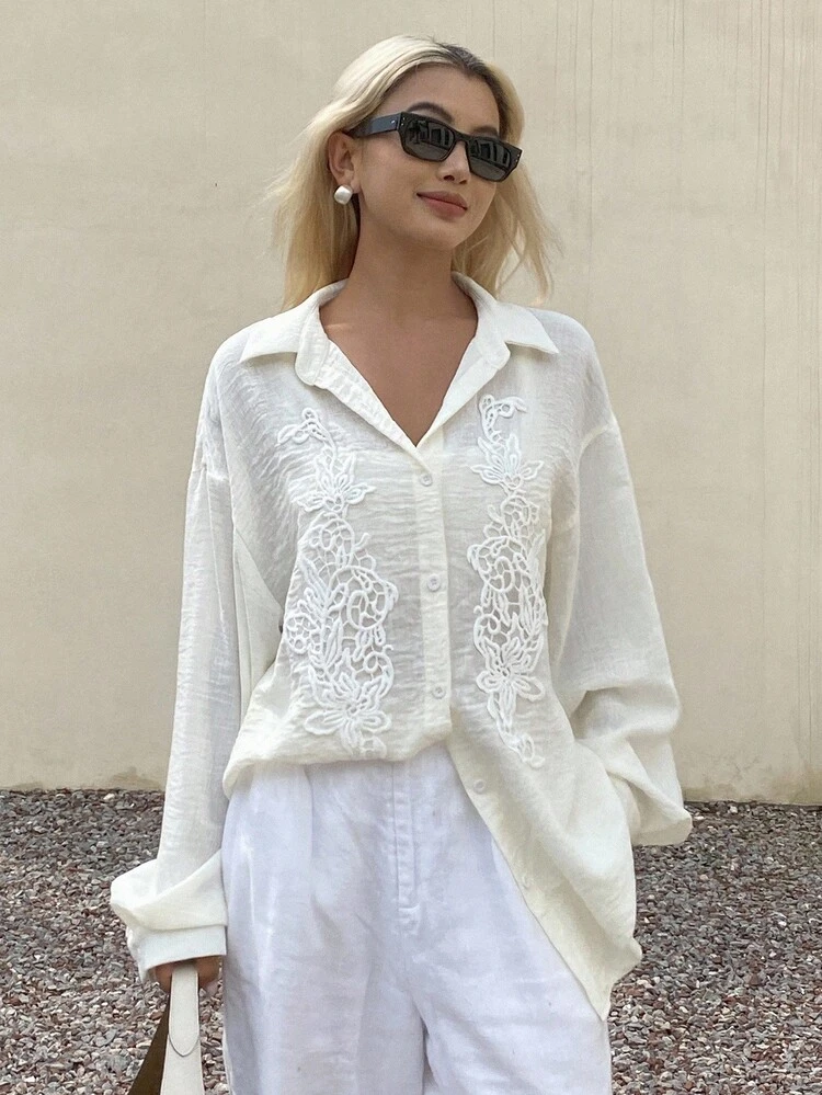 New Autumn Loose Casual Business Casual Lace Decorated Women Shirt