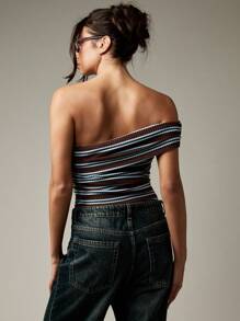 MISSGUIDED 不对称条纹单肩紧身衣罗纹弹力芭铎风格海滩俱乐部派对节夏季晚会紧身上衣 - 棕色 - 查看 2