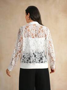 Flouryn Chaqueta bomber ligera de manga larga con cremallera, parche de encaje calado y bordado, de unicolor elegante, con solapa decorativa en el bolsillo, para mujer de talla grande, para otoño e invierno - Beis - Ver 2