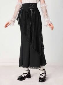 ROMWE EDITION Women's Elegant Solid Color Lace Patchwork Fishtail Skirt - Black - View 6