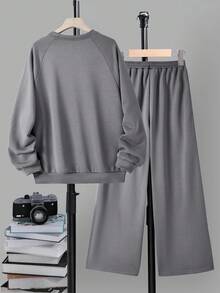 2 件青少年男童休闲插肩袖运动衫和运动裤套装，印花 - 深灰色 - 查看 2