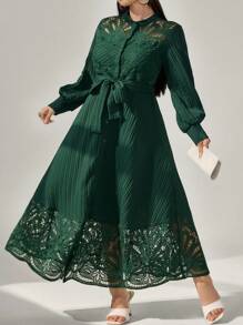 Modelyn Đầm cỡ lớn thanh lịch in hoa, thêu họa tiết chắp vá, khoét lỗ phía trước, cài nút và buộc dây ở eo, tôn dáng cho phụ nữ. - Màu xanh lá cây đậm - Xem 1