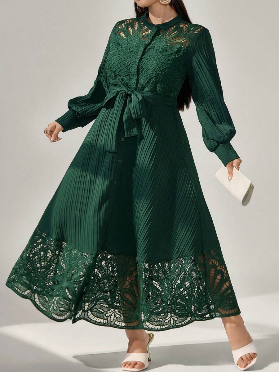 Modelyn Đầm cỡ lớn thanh lịch in hoa, thêu họa tiết chắp vá, khoét lỗ phía trước, cài nút và buộc dây ở eo, tôn dáng cho phụ nữ. - Màu xanh lá cây đậm - Xem 1