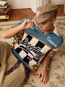 SWAVVY Men's Fashion Letter Striped Short Sleeve Casual Knit Top , Fall Winter - Multicolor - View 1