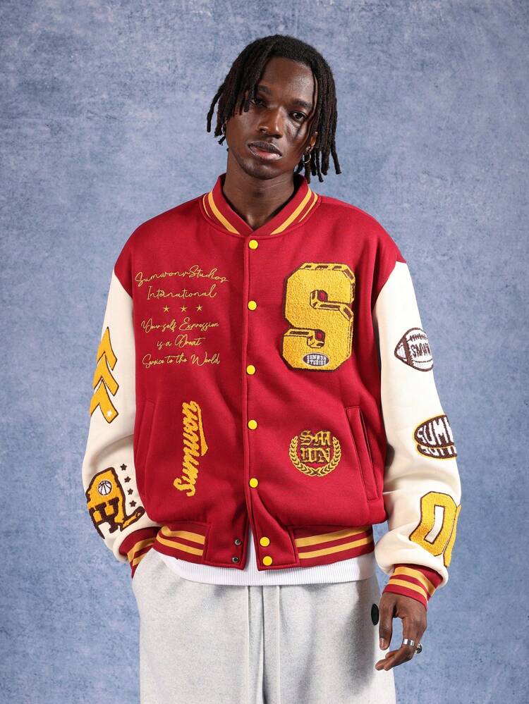 Varsity Letterman Jacket With Letter Patch And Embroidered Details