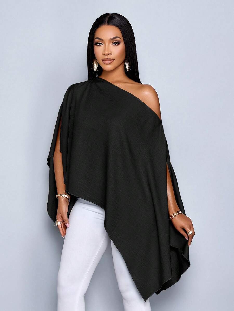 SOLERSUN 女士单肩披肩袖不对称下摆亚麻衬衫 - 黑色 - 查看 1