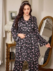 FloralLove 女士加大码系带长袖睡袍吊带衫，植物图案设计，秋冬服装，舒适套装 - 黑色 - 查看 5