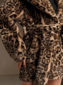 Anewsta Chaqueta de piel sintética con estampado de leopardo y cinturón de cintura suelta - Marrón - Ver 6