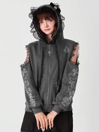 J-Fashion Sudadera con capucha de encaje gris con orejas de gato de cristal, estilo Lolita anime y lindo