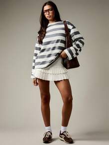 MISSGUIDED 大尺寸百褶 T 恤洋裝 橫條紋長袖 亮眼休閒居家服 秋冬基本款 休閒大學生日常街頭風 舒適 - 黑與白 - 查看 5