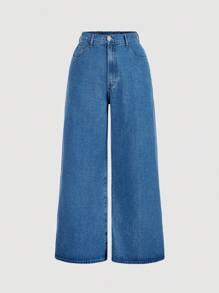 SHEIN MOD Bộ 2 món áo không tay cổ tròn cài nút phía trước màu trơn cỡ lớn và quần jeans ống rộng - Rửa trung bình - Xem 5