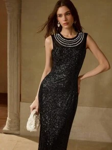 MOTF PREMIUM FAUX PEARL DETAIL CONTRAST SEQUIN COCKTAIL DRESS - Black - View 5