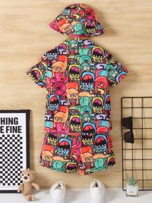 SHEIN Fantacosmos Young Boy 3pcs/Set Cartoon Print Shirt, Shorts And Hat Outfit, School, Campus, College Summer Holiday - Red - View 2