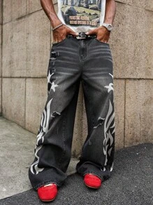 PAVTROS 男士街头风格休闲宽松阔腿黑色牛仔裤 - 黑色 - 查看 5