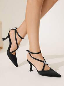 CUCCOO CHICEST 女士几何扣水钻带尖头细高跟中跟优雅迷人浪漫性感哥特式复古奢华黑色缎面高跟凉鞋，适合正式场合、派对、婚礼、约会、节日（万圣节、圣诞节、感恩节、新年） - 黑色 - 查看 7