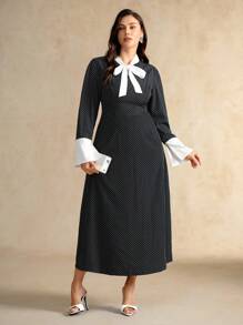 Flouryn Plus Size Women's Polka Dot Lace-Up Long Dress, Elegant And Fashionable For Outings And Gatherings Fall Cloth For Women