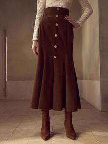 MOTF PREMIUM 灯芯绒金色纽扣细节美人鱼裙 - 棕色 - 查看 4