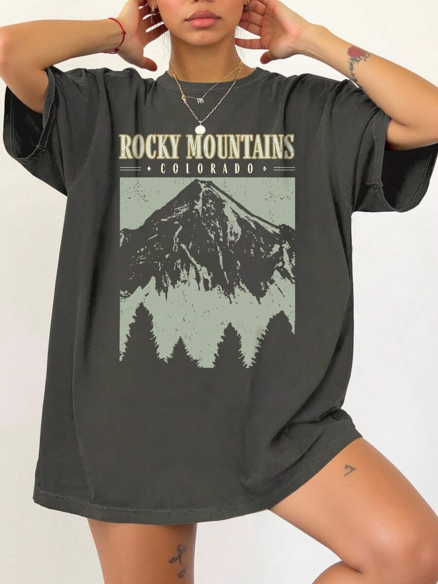 INAWLY Camiseta gráfica de mujer de verano, holgada y casual, con estampado de montaña y letra, cuello redondo, para mujer