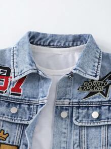 Coolqubz Tween Boy Casual Comfortable Vacation Fashion Street Cute Graffiti Embroidery Non-Stretch Long Sleeve Slim Fit Denim Jacket, Spring/Summer/Autumn. Fashionable Comfortable Daily Versatile Denim Jacket Fall Winter,Unisex - Light Wash - View 8