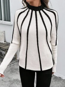 SHEIN LUNE Suéter de cuello alto de manga larga con contraste de color, jersey de punto de otoño/invierno - Blanco y Negro - Ver 4