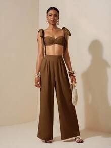 海滩新款春夏休闲度假蝴蝶结肩带裹胸心形领短款上衣+阔腿超长裤杏色女两件套Se，纹理面料材质 - 棕色 - 查看 7