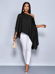 SOLERSUN 女士单肩披肩袖不对称下摆亚麻衬衫 - 黑色 - 查看 4