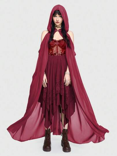 Fairycore Cape ample vintage à capuche de couleur unie, Reine des fées de la forêt