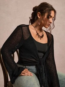 Freevana Plus Size Women Solid Color Flare Sleeve Front Tie Cardigan Black Mesh Top Sheer Cardigan Front Tie Top Black See Through Top Bolero Shrug Halloween Going Out Outfits Mesh Top Knitted Sweater School Teacher Outfits For Women Western Vintage Winter Fall Clothes Plus Size Boho Old Money Winter Outfits For Women Autumn - Black - View 3