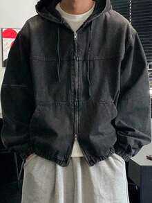 DAZY 男士纯色水洗连帽设计黑色牛仔夹克，秋季 - 黑色 - 查看 5