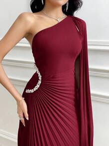 Modelyn 女士优雅褶皱肩连衣裙 - 酒紅色 - 查看 2