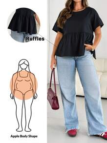 SHEIN Essnce 大码女装春夏时尚休闲宽松舒适日常清凉透气短袖黑色衬衫、外出上衣、曲线可爱上衣、工作上衣、女式衬衫 - 黑色 - 查看 6