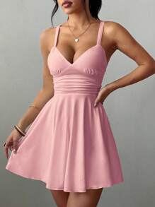 SHEIN Raffinéa Đầm dệt kim ngắn dáng chữ A, cổ chữ V, nhún eo, gợi cảm, thanh lịch, quần áo mùa hè cho nữ khi đi học đại học - Hồng - Xem 4