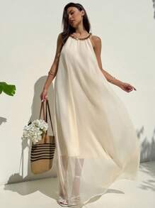 Aloruh Date Night Outfits Women Apricot Vacation Beach Dress With Unique Neckline And A-Line Silhouette For Women - Apricot - View 3