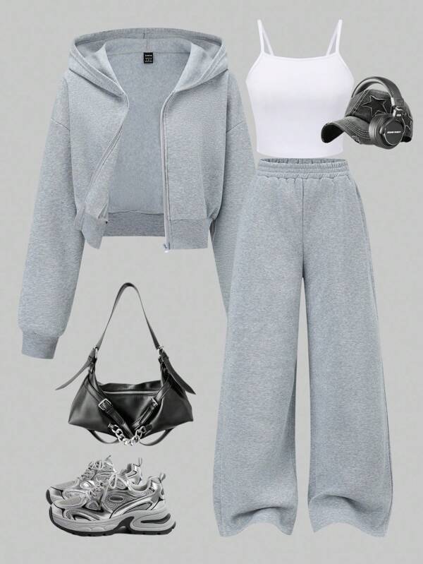 3pcs Women Casual Minimalist Camisole, Short Zip-Up Hoodie, And Wide Leg Pants Set, Suitable For Daily Wear Women Casual Set Woman Set Outfit Monochromatic Outfit Women Grey Casual Set Outfit Women Cropped Hoodie And Sweatpants Set Casual Loungewear Set Grey Two Pieces Set Fall Cloth For Women