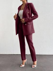 EURMUSE Women's Solid Color Lapel Epaulet Long Sleeve Double-Breasted Fashion Suit Set - Burgundy - View 6