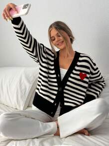 EURMUSE Women Button Front Black And White Striped Heart Embroidery Detailed Cozy Loose Fit Drop Shoulder Cardigan,Long Cardigans Woman,Petite Cardigans,Cardigans - Black and White - View 6