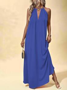 Vesra 女士海滩夏季简约纯色锁孔领口露背吊带连衣裙超长度假海滩装 - 寶藍色 - 查看 3