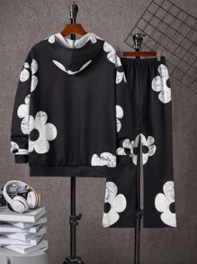 Set de 2 piezas de sudadera con capucha y pantalones acampanados con estampado grande de graffiti en estilo deportivo casual para niños adolescentes, adecuado para fiestas, eventos, bodas, bautizos, ceremonias de apertura, uso diario, escuela, viajes y temporadas de primavera, otoño e invierno