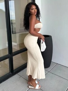 Alexandranx 女士杏色 V 领长款卡夫坦连衣裙，海滩度假 - 米色 - 查看 4