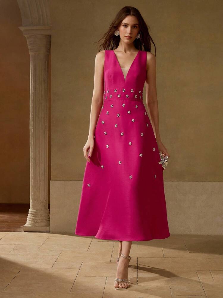 RHINESTONE DETAIL FLARE HEM PROM DRESS