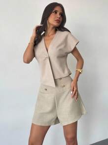 Firerie Short femme élégant et minimaliste à taille haute avec boucle métallique, rayures kaki ample. Convient pour le trajet domicile-travail, l'usage quotidien, le bureau, l'aéroport, les voyages et les sorties - Kaki - Voir 10