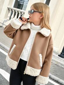SHEIN Chaqueta térmica forrada con parches linda para niña, versátil para otoño/invierno - Caqui - Ver 8