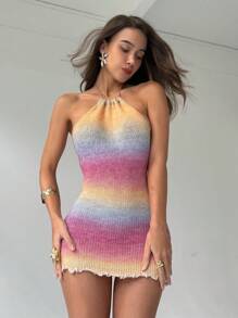 Aloruh 女士渐变色修身挂脖针织中长连衣裙 - 彩色 - 查看 2