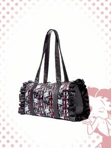 Betty Boop | ROMWE 女士缎面涤纶托特包，卡通图案单肩手提包，大容量通勤包