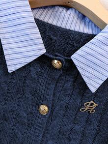 GlowEve CURVE Plus Size Sweater Shirt Collar Turnup Cuff Button Cardigan Patchwork Sweater Two Pieces Set Fall Winter Cloth For Women Autumn - Royal Blue - View 3