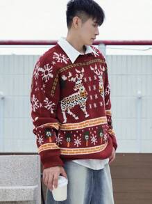 DAZY 秋季男士休闲鹿纹落肩长袖针织毛衣，圣诞节 - 彩色 - 查看 5